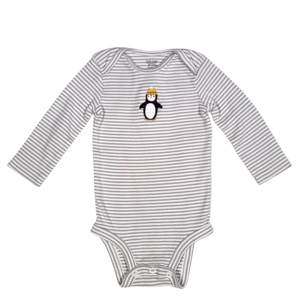Carters Penguin‎ Bodysuit Boys Sz 6M Gray White Striped Winter Christmas Holiday